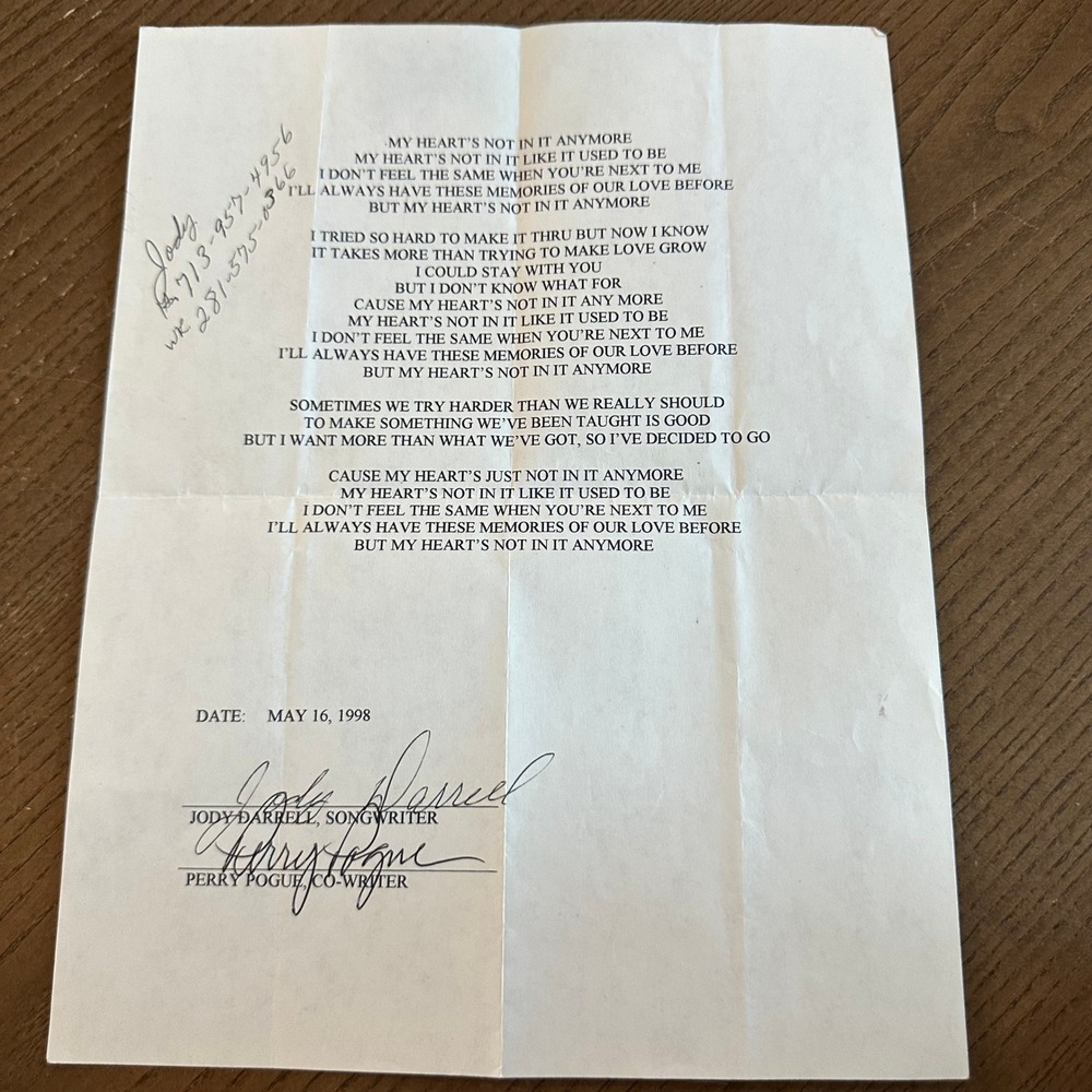 Vintage 1998 Signed Lyric Sheet My Heart's Not In It Anymore Darrell Pogue‎